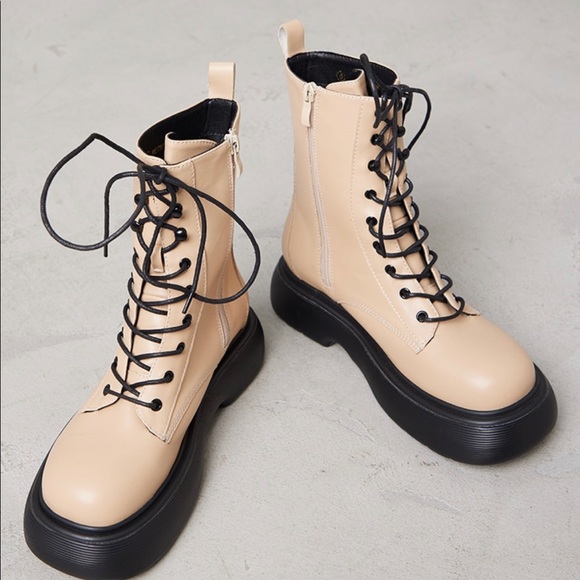 Cream and Black Lace Up Combat Boots - Picture 2 of 5